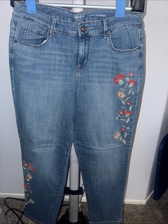 Style & Co. Denim - Style & Co. Medium Blue Boyfriend Jeans with Red Floral Embroidery